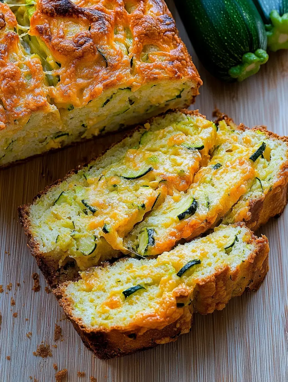 Une tranche de pain aux courgettes et fromage sur une planche en bois, avec des courgettes en entier au second plan.