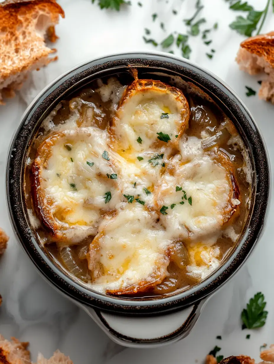 Un bol de soupe à l'oignon gratinée avec du fromage fondu et du pain grillé, entouré de tranches de pain et garni de persil.