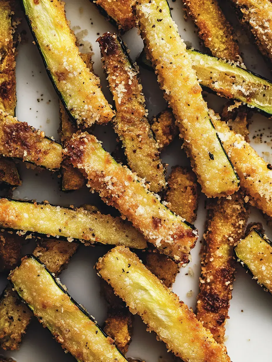 Un zoom sur des frites de courgette dorées, croustillantes et parsemées de chapelure.
