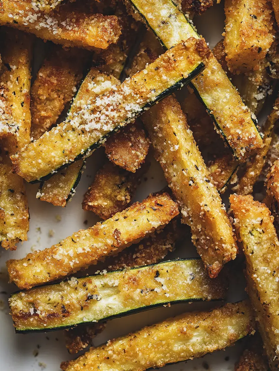 Vue rapprochée de frites de courgette croustillantes garnies d’épices et de chapelure.
