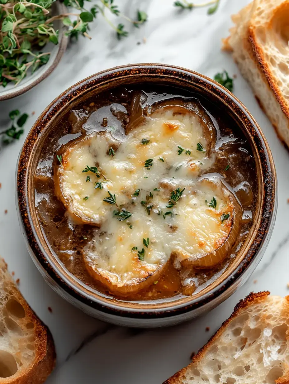 Un bol de soupe à l'oignon gratinée garnie de thym, accompagnée de tranches de pain croustillant.