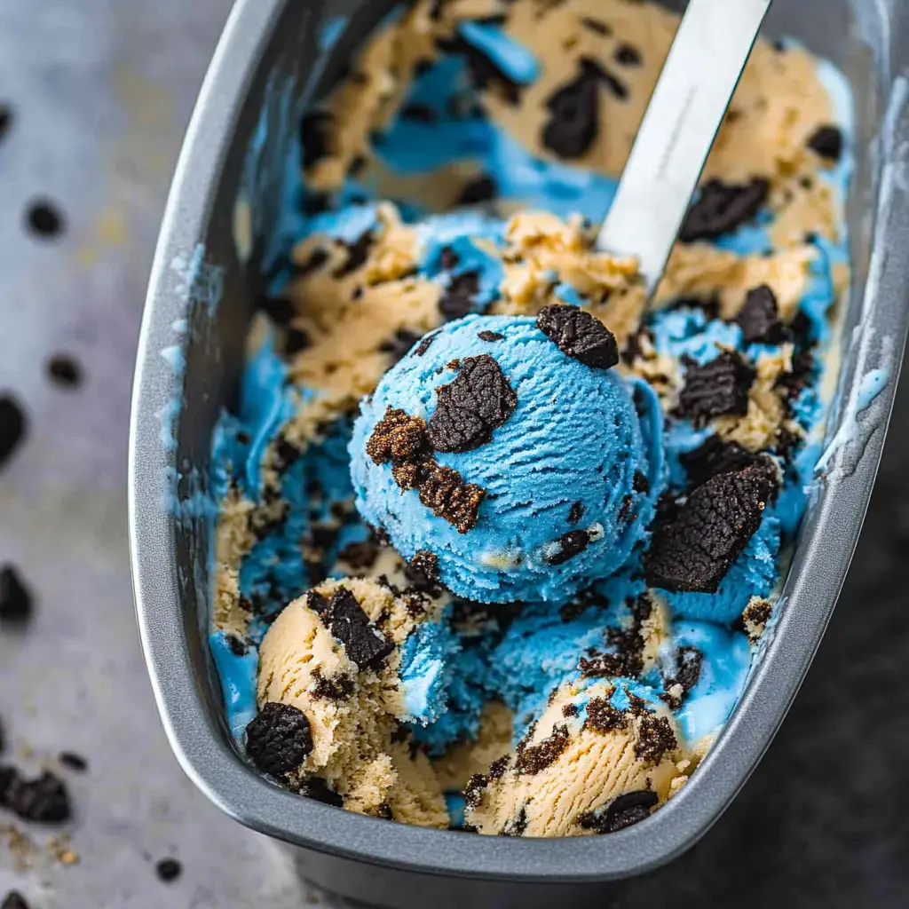 Une boule de glace bleue avec des morceaux de biscuits est posée dans un contenant métallique rempli de tourbillons de glace bleue et beige.