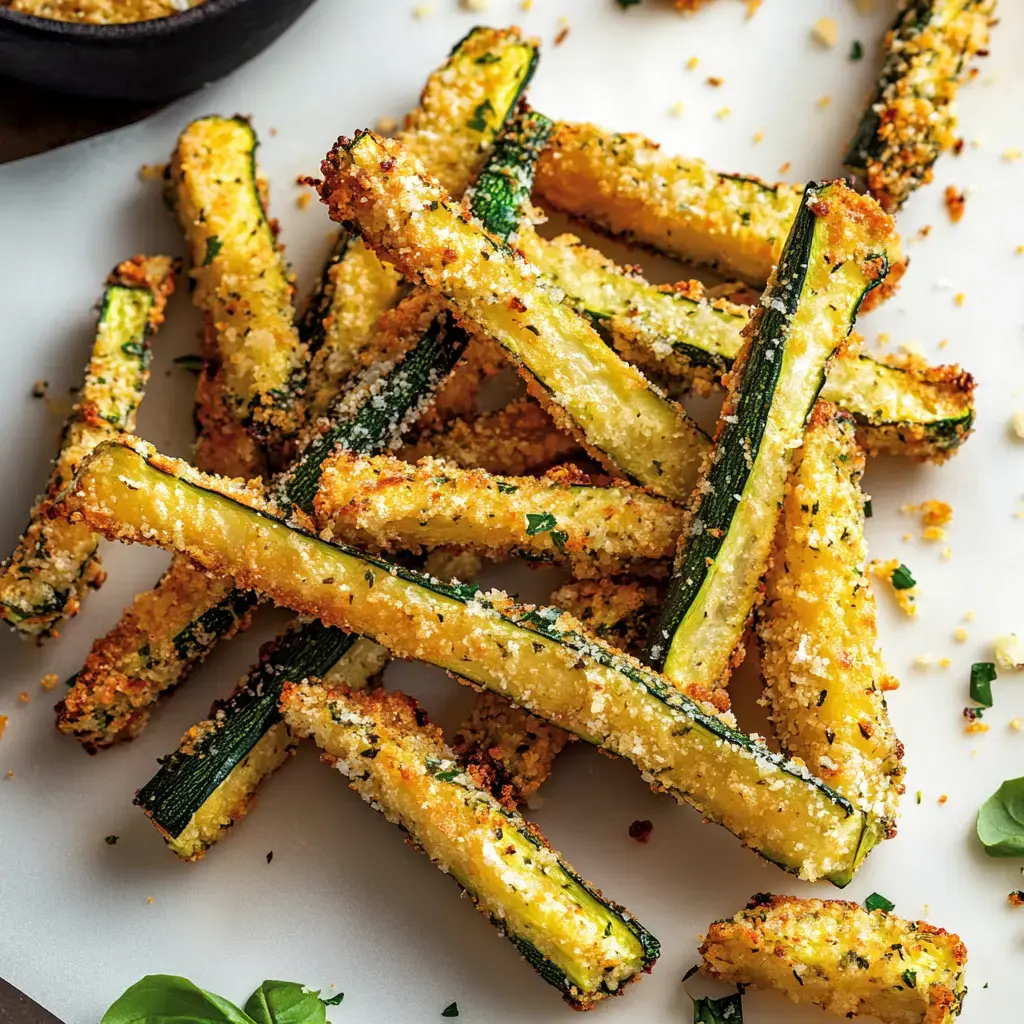 Des bâtonnets de courgette croustillants et panés présentés sur une assiette blanche, avec du persil par-dessus.