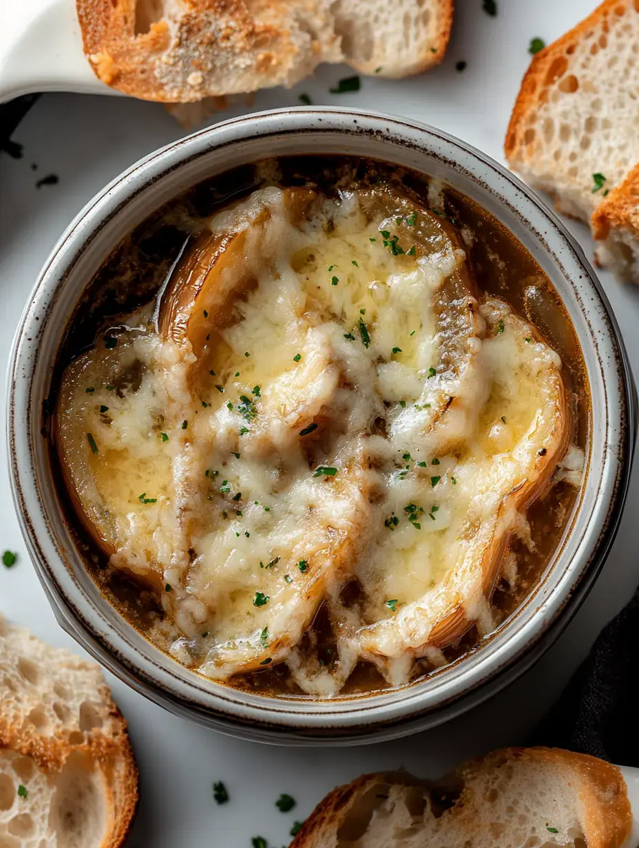 Un bol de soupe à l'oignon gratinée entourée de tranches de pain grillé.