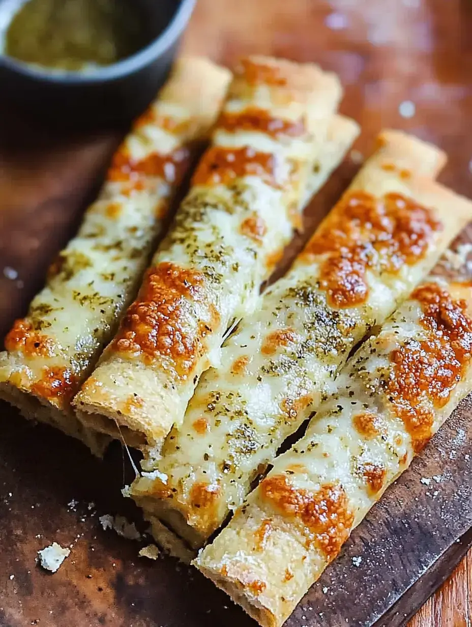 Quatre bâtonnets au fromage et herbes sur une planche, à côté d'un bol de sauce.