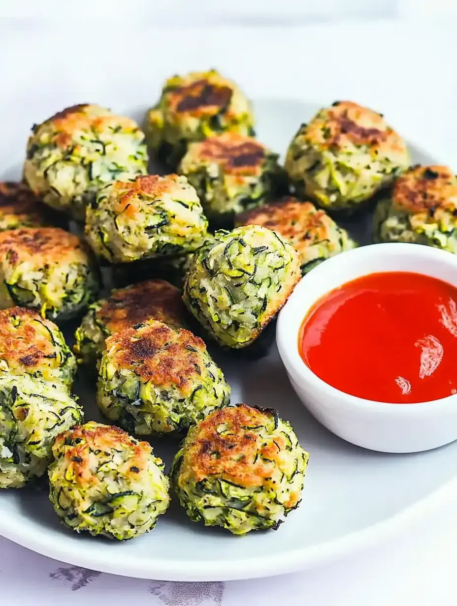 Une assiette de boulettes de courgettes dorées avec un petit bol de sauce rouge à tremper.