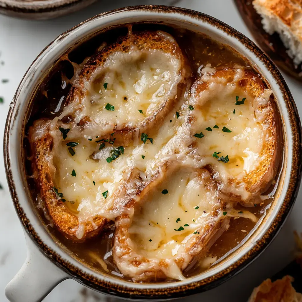 Un bol de soupe à l'oignon gratinée avec du pain grillé, garnie de persil.