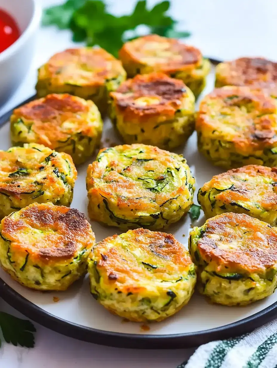 Des boulettes de courgettes dorées présentées joliment avec un petit bol de sauce.