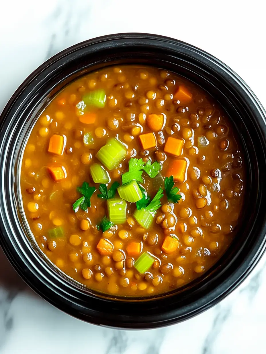 Un bol noir rempli d'une soupe consistante aux lentilles garnie de carottes, céleri et persil frais.
