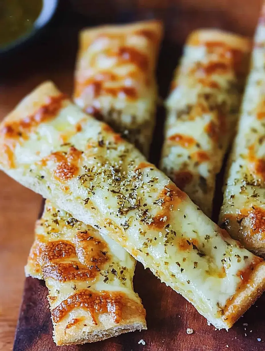 Bâtonnets gourmands au fromage doré sur planche avec sauce verte à côté.