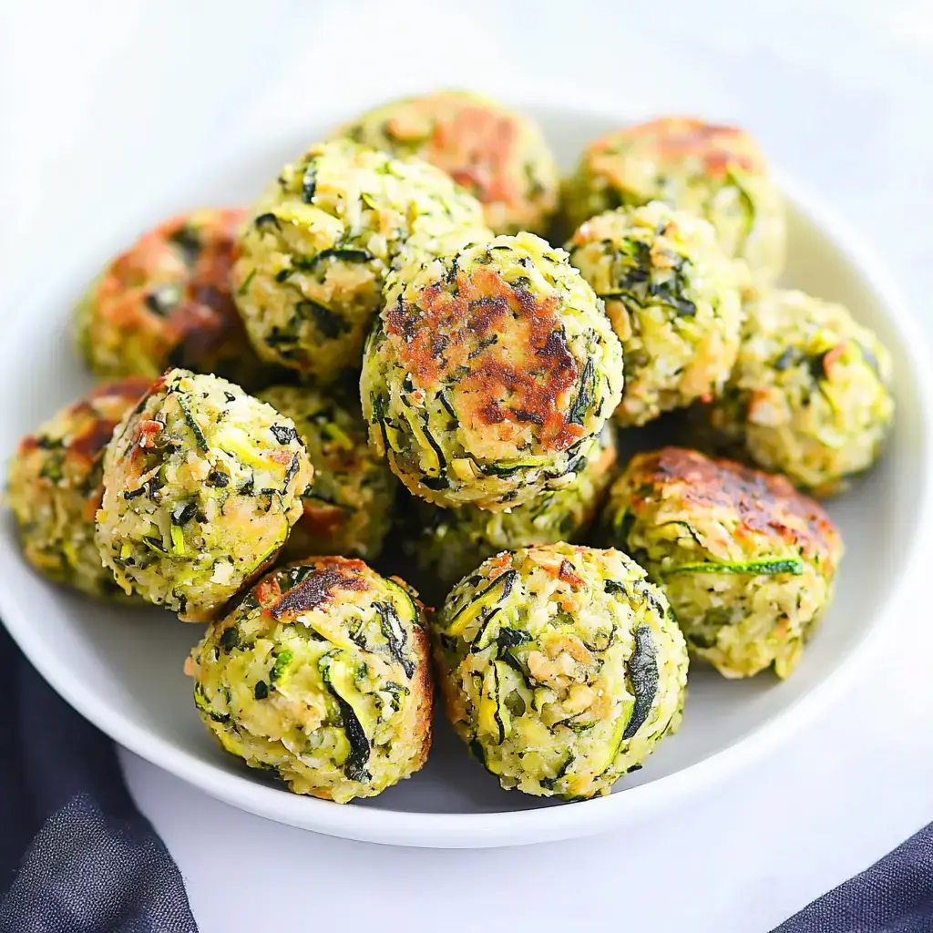 Un bol de boulettes de légumes rondes et dorées aux herbes, servies sur une assiette blanche.