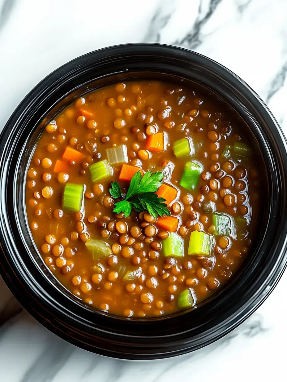 Un bol de soupe aux lentilles garni de persil et contenant des carottes et du céleri en dés.