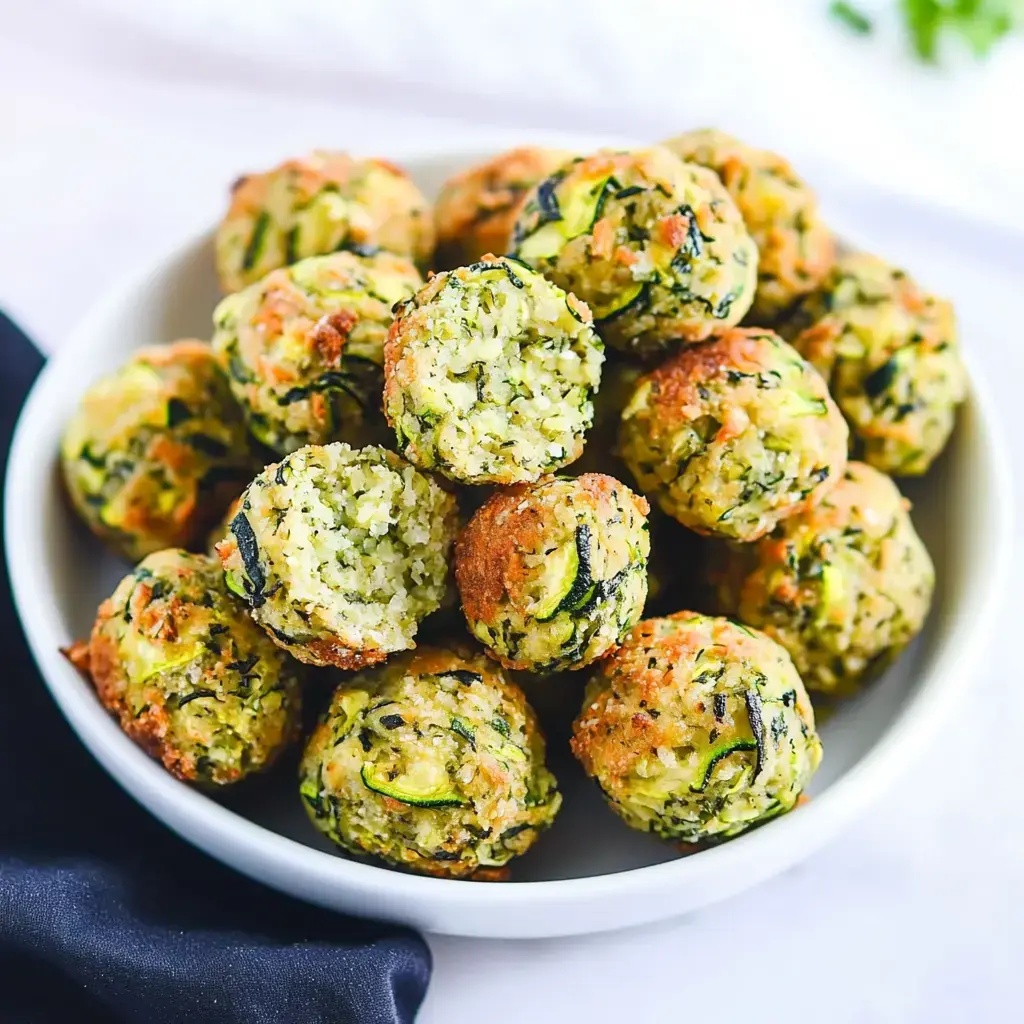 Un bol de boulettes de courgette dorées, certaines entamées, montrant l’intérieur vert et leur extérieur croustillant.
