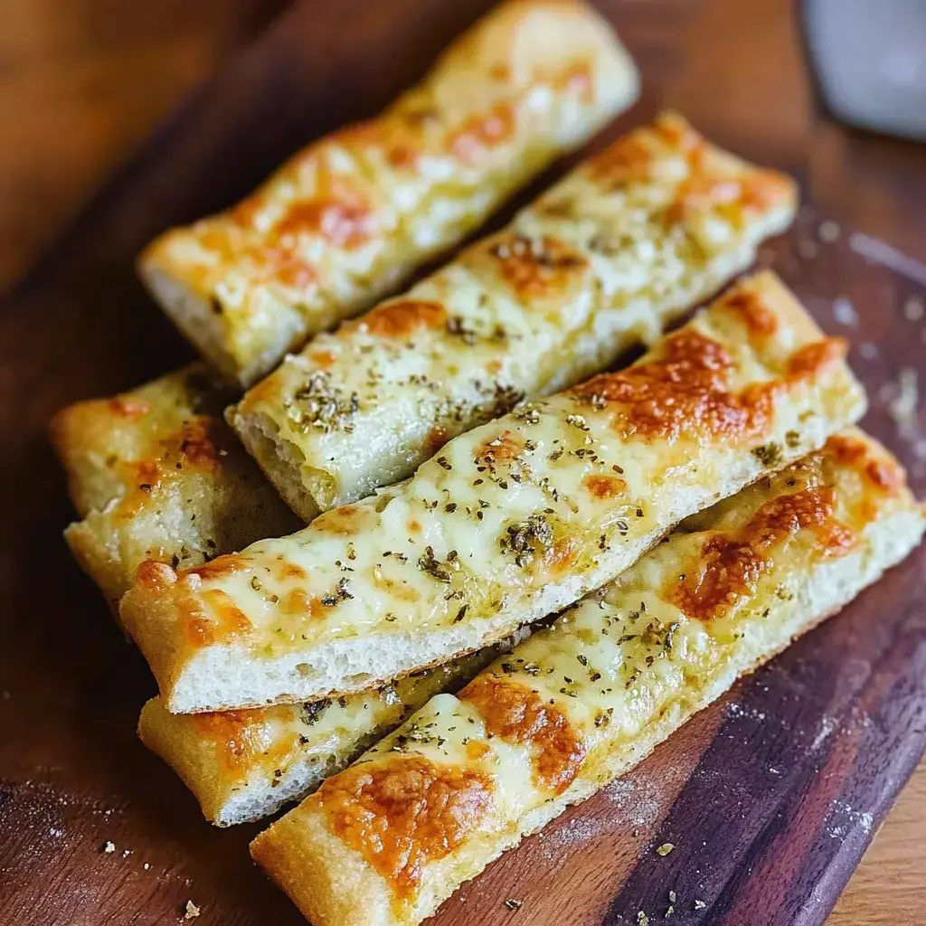 Des bâtonnets dorés au fromage et herbes, alignés joliment sur une planche en bois.