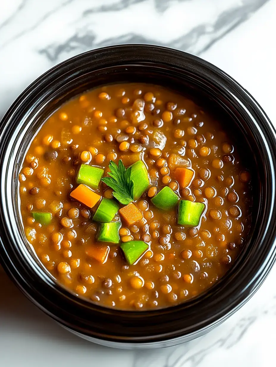 Gros plan d'un bol de soupe aux lentilles garni de poivrons verts en dés, de carottes et d'un brin de persil.