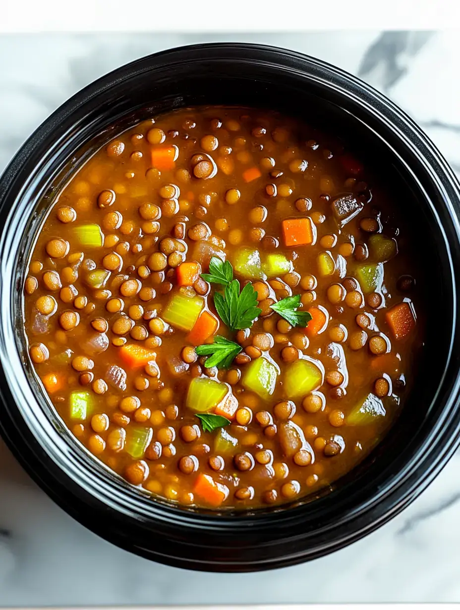 Gros plan d'un bol de soupe aux lentilles garni de persil frais, avec des carottes et du céleri.