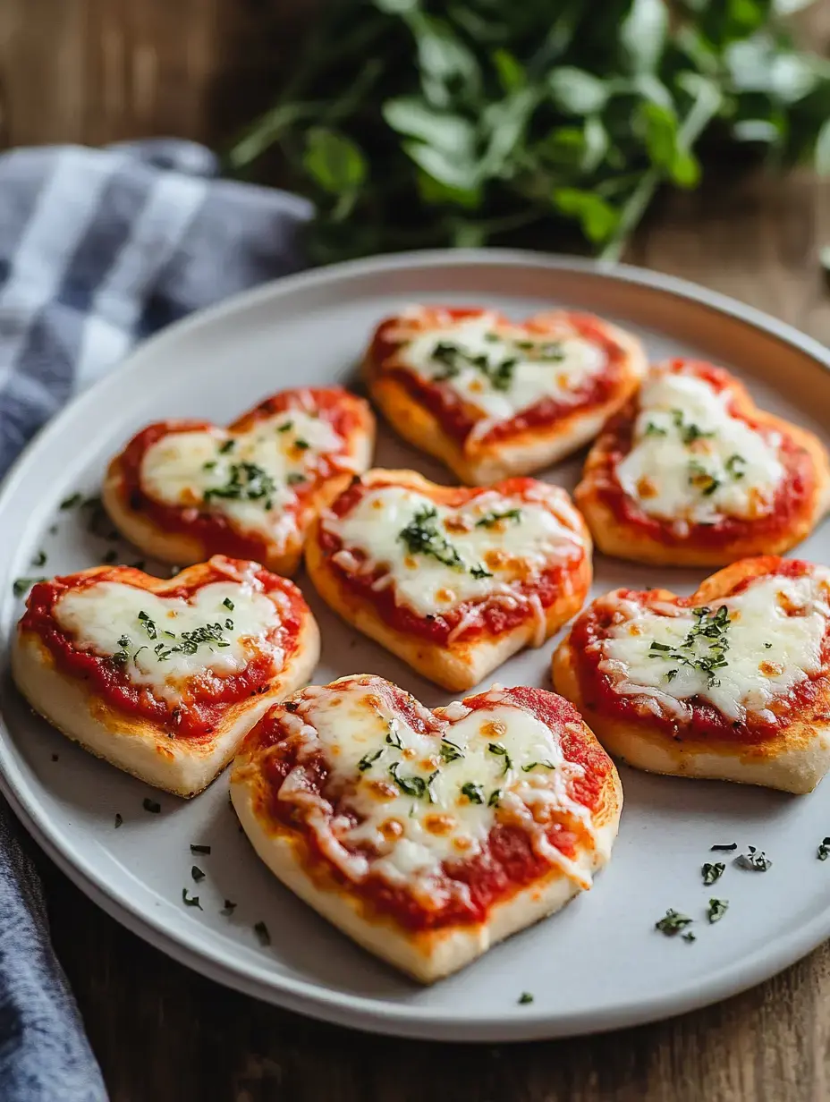 Assiette de mini pizzas en forme de cœur nappées de sauce tomate, fromage fondu et une touche d’herbes.