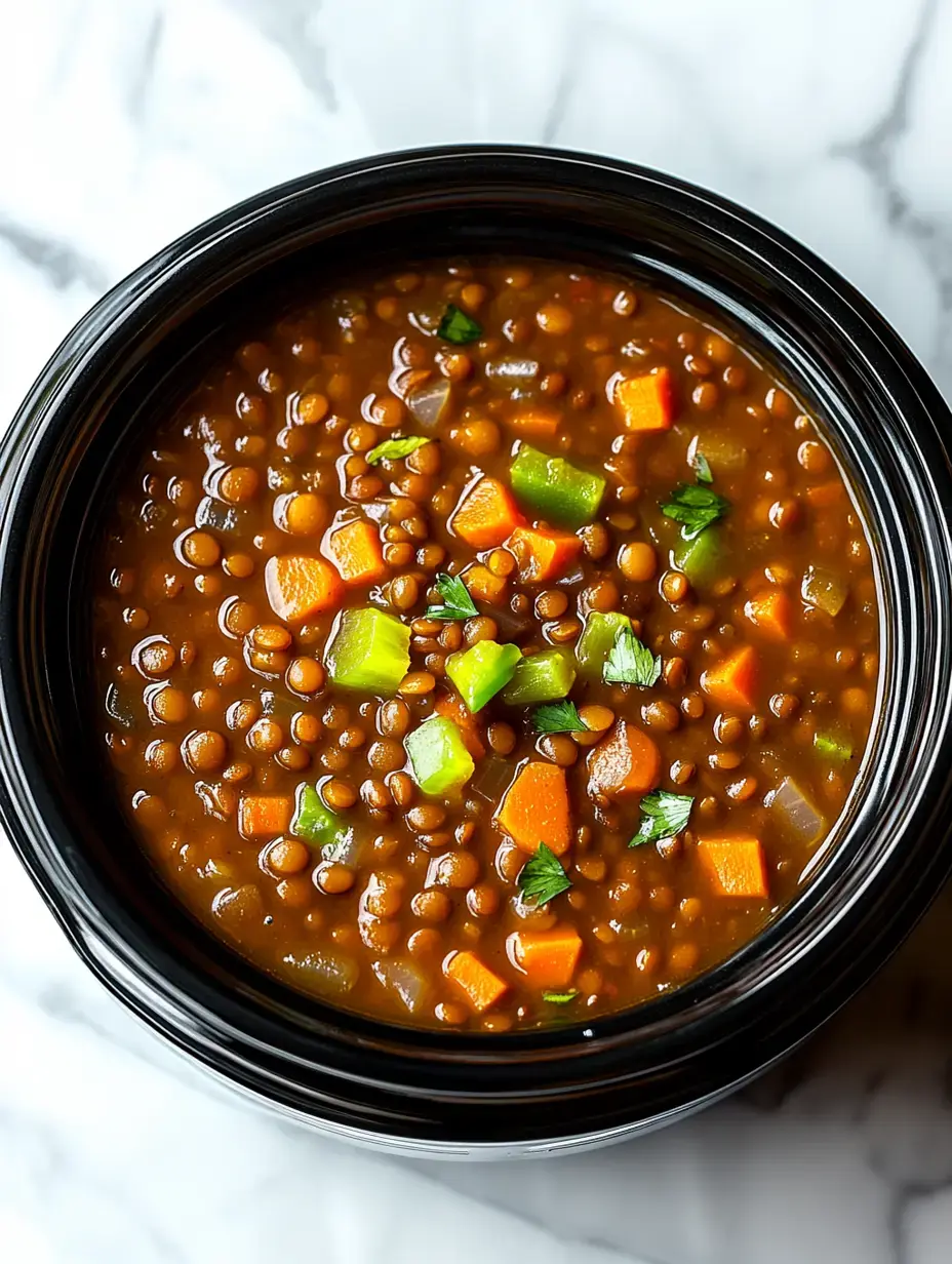 Gros plan d'un bol de soupe aux lentilles avec des carottes et des poivrons verts en dés, garni d'herbes fraîches.