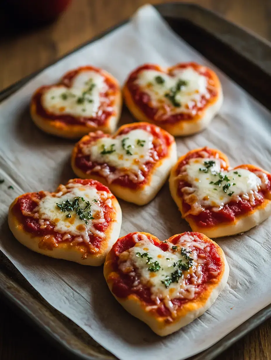 Plaque de pizzas en cœurs nappées de sauce tomate, fromage et herbes, sur papier sulfurisé.