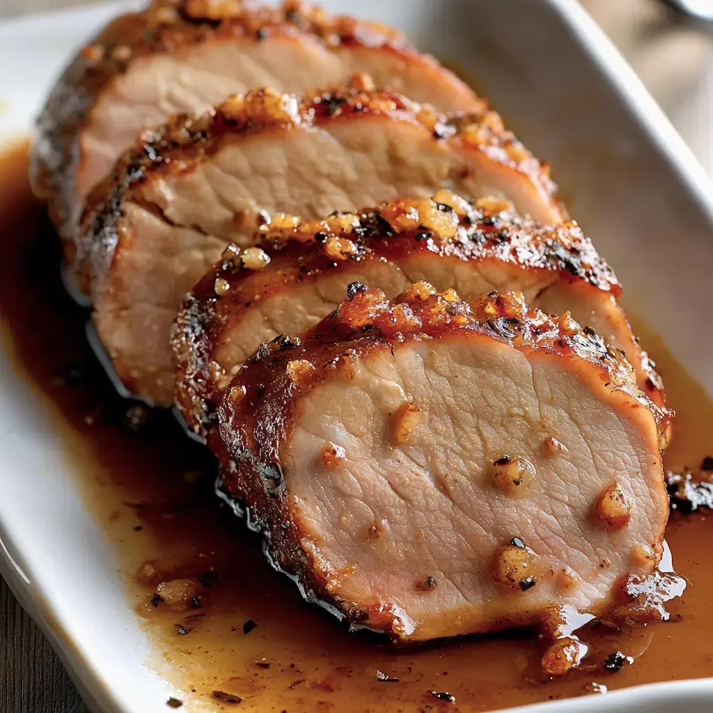 Un filet mignon de porc rôti tranché disposé sur un plat blanc, nappé d'une sauce savoureuse et parsemé de morceaux d'ail.