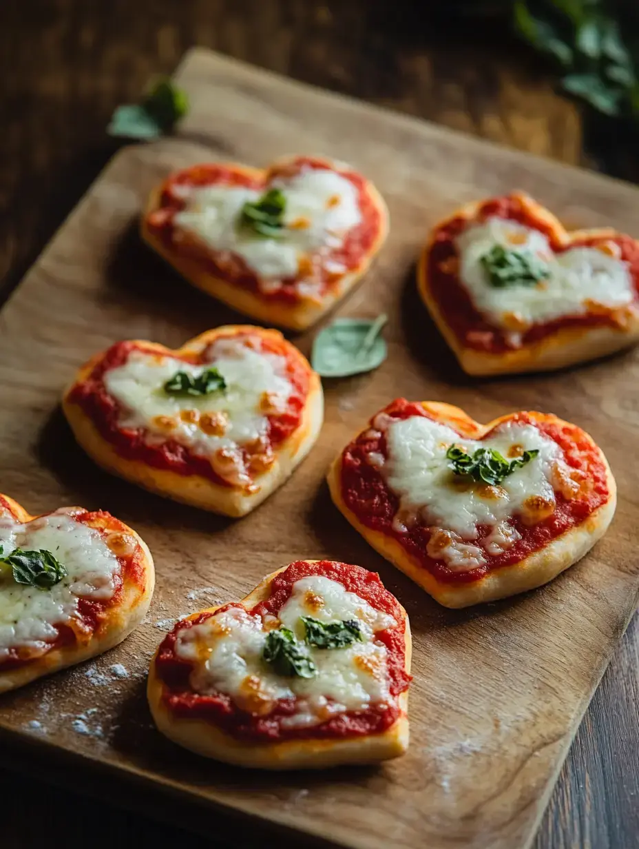 Des pizzas en forme de cœur, gratinées de fromage et sauce tomate sur une planche en bois.