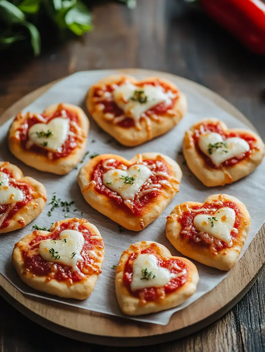 Plateau en bois garni de mini pizzas cœur recouvertes de sauce tomate, fromage et herbes.
