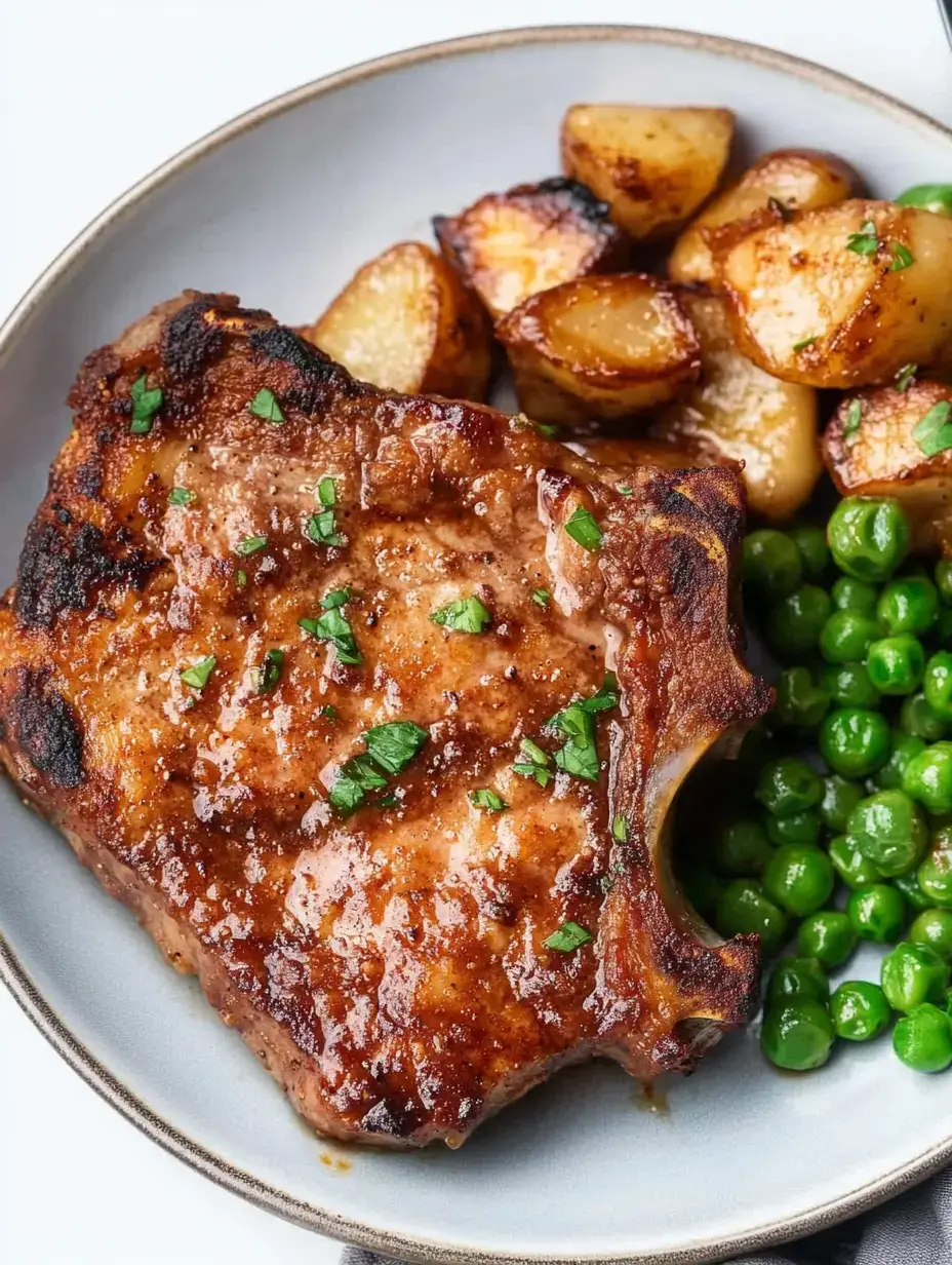 Une assiette présente une côtelette de porc grillée garnie de persil, accompagnée de pommes de terre rôties et de petits pois verts.