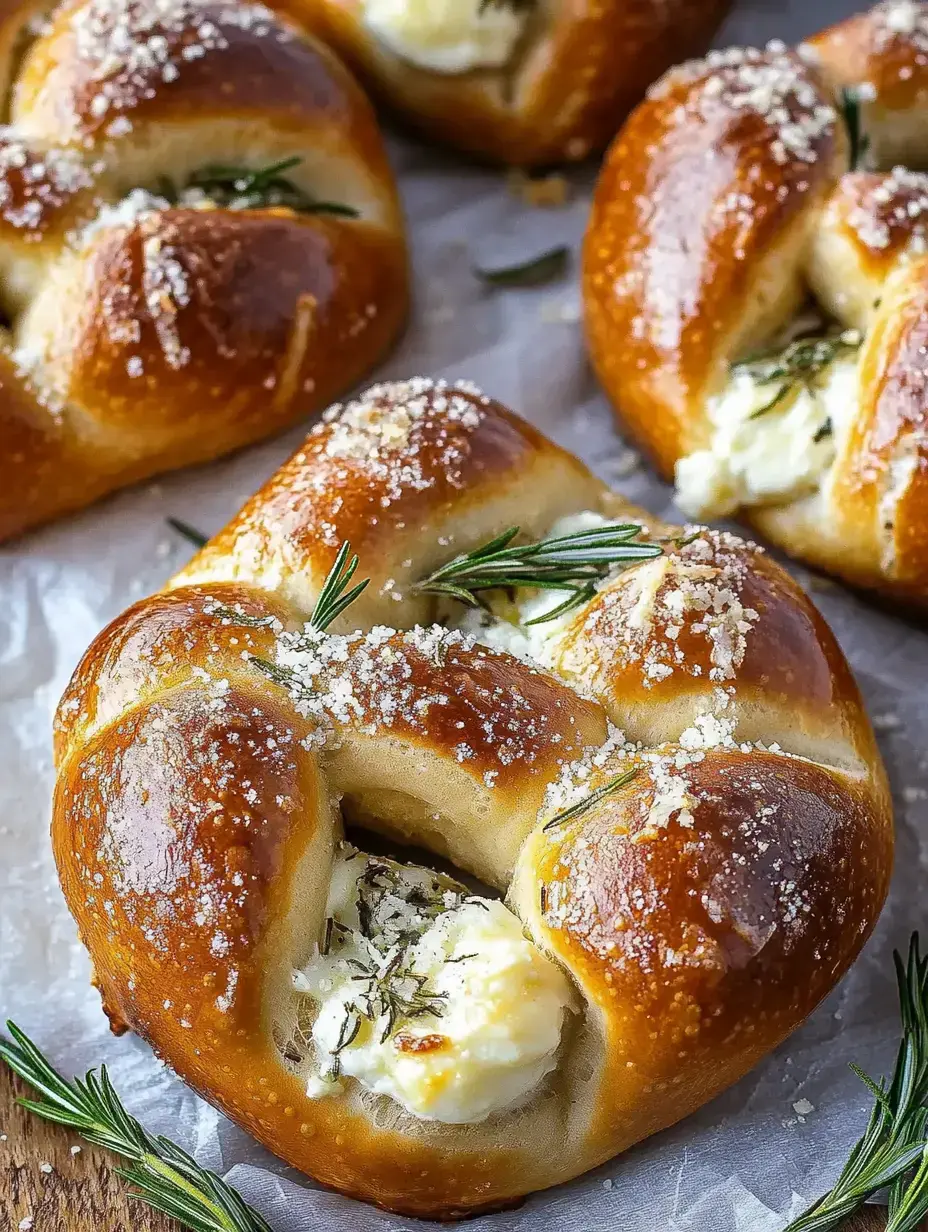 Gros plan sur des nœuds de bretzel dorés, fourrés au fromage frais, couronnés de romarin et gros sel.