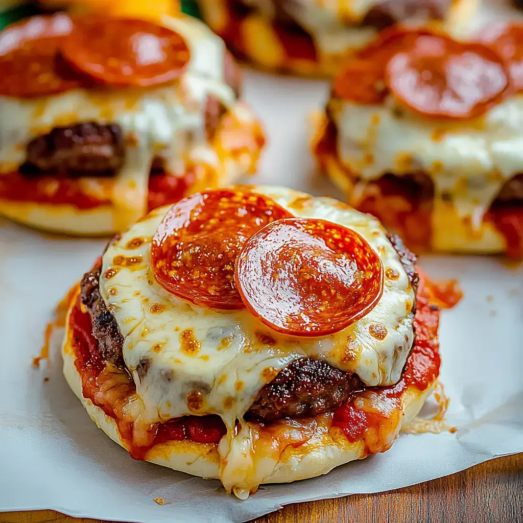 Trois galettes de hamburger garnies de fromage avec pepperoni et sauce tomate sur une assiette blanche.