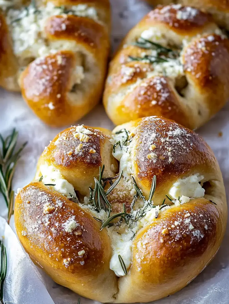 Gros plan sur des petits pains dorés, parsemés de romarin et saupoudrés de fromage.