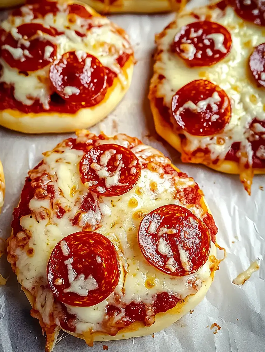 Gros plan de plusieurs mini pizzas au pepperoni recouvertes de fromage fondu sur une plaque de cuisson.