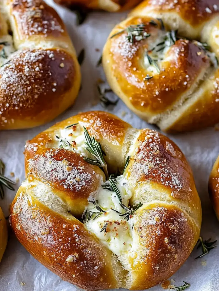 Gros plan sur des pains dorés et fourrés de fromage fondant, garnis de romarin frais et saupoudrés d’un voile de farine.