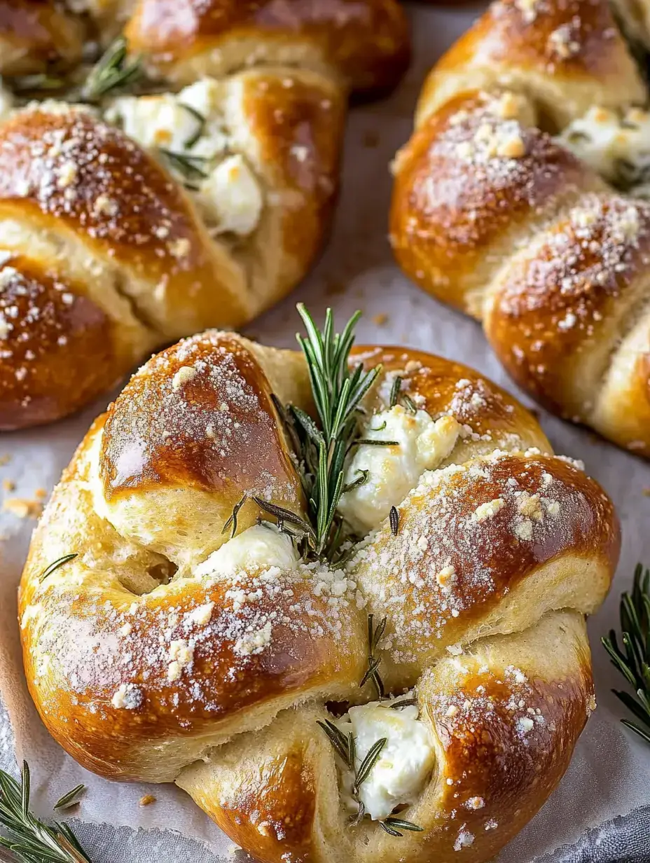 Nœuds de bretzel dorés, fourrés au fromage coulant, décorés de branches de romarin frais.