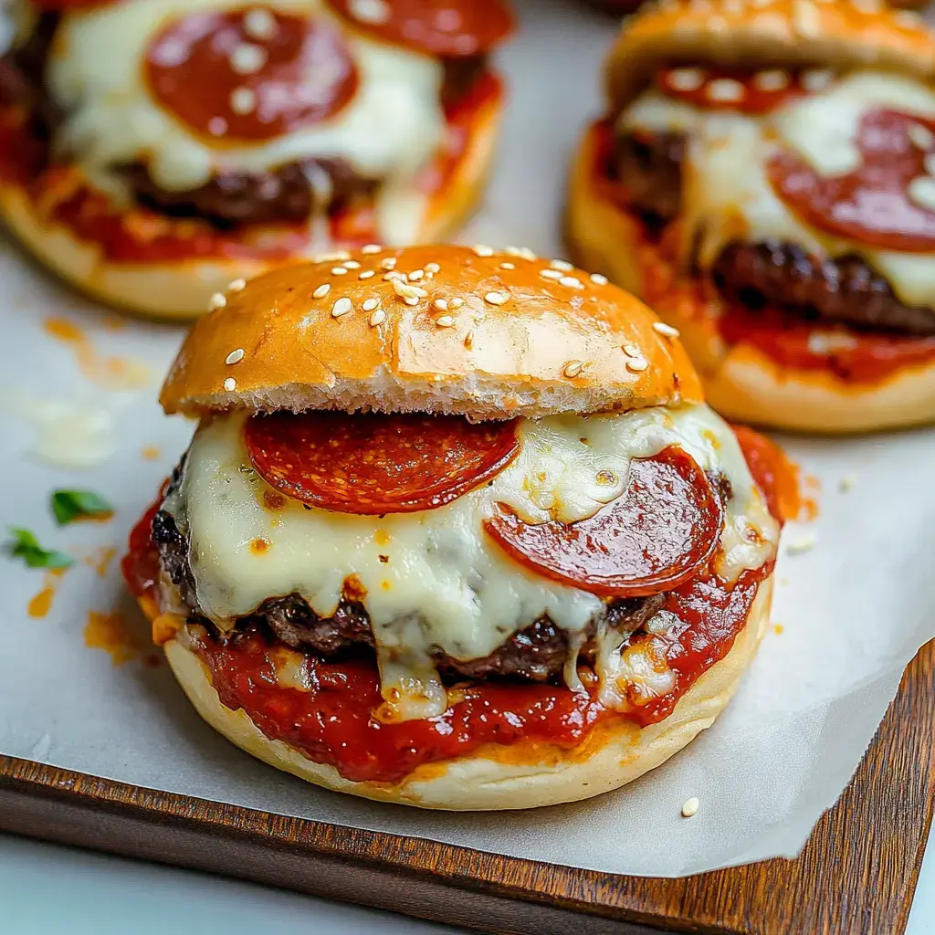 Gros plan d'un hamburger juteux garni de fromage fondu et de pepperoni, servi dans un pain aux graines de sésame avec sauce tomate.