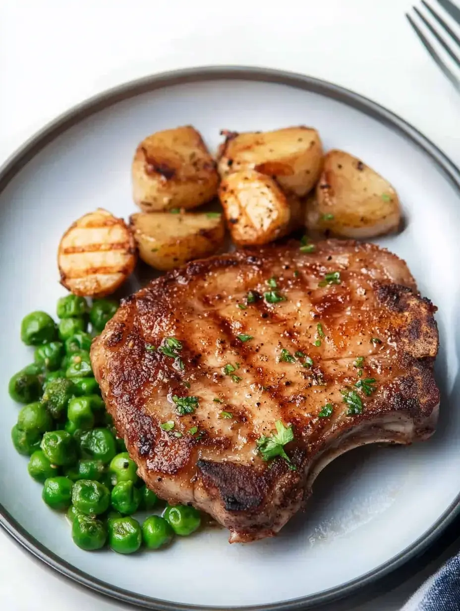 Une côtelette de porc grillée est servie dans une assiette avec des petits pois verts et des pommes de terre rôties.