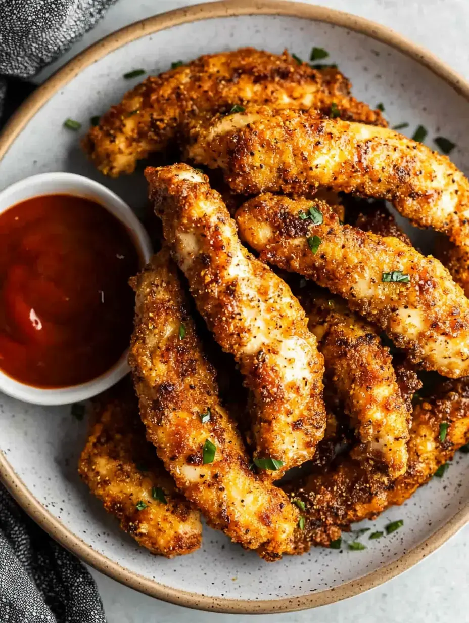 Une assiette de filets de poulet dorés et croustillants garnis d'herbes vertes, accompagnée d'un petit bol de sauce.