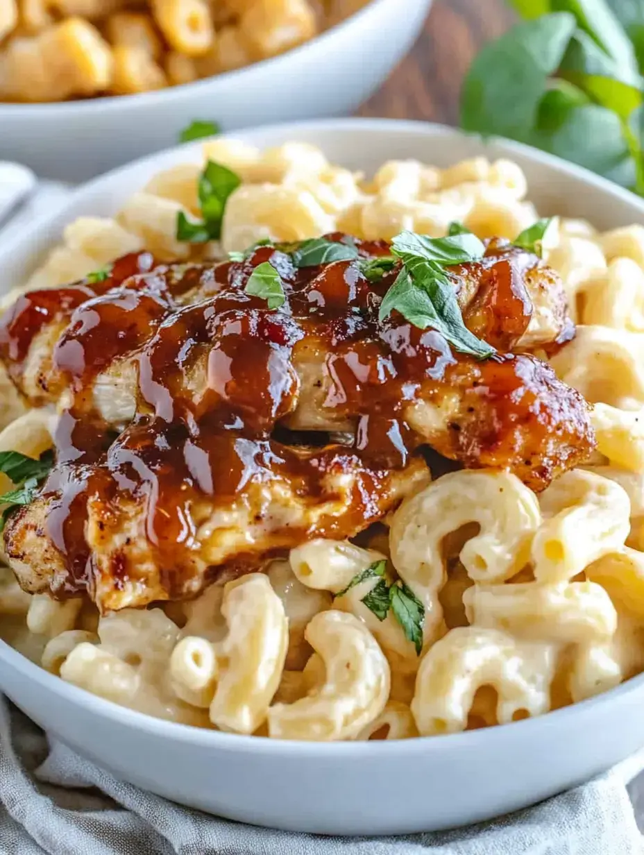 Un bol de macaroni au fromage crémeux garni de poulet grillé et de sauce barbecue, décoré d'herbes fraîches.