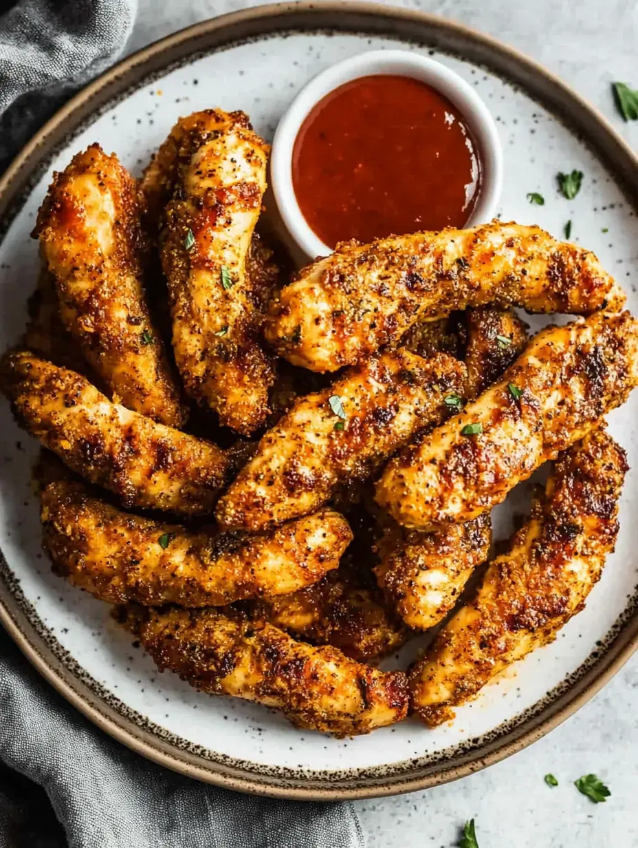 Une assiette de filets de poulet dorés et croustillants servie avec un petit bol de sauce.
