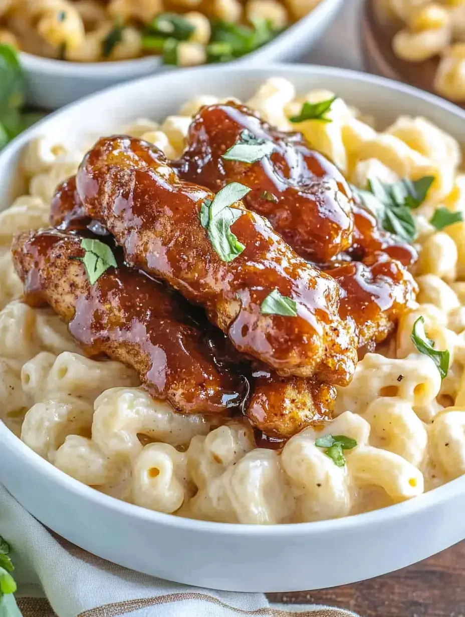 Un bol de macaroni au fromage garni de morceaux de poulet croustillants nappés d'une sauce riche et garni de persil.