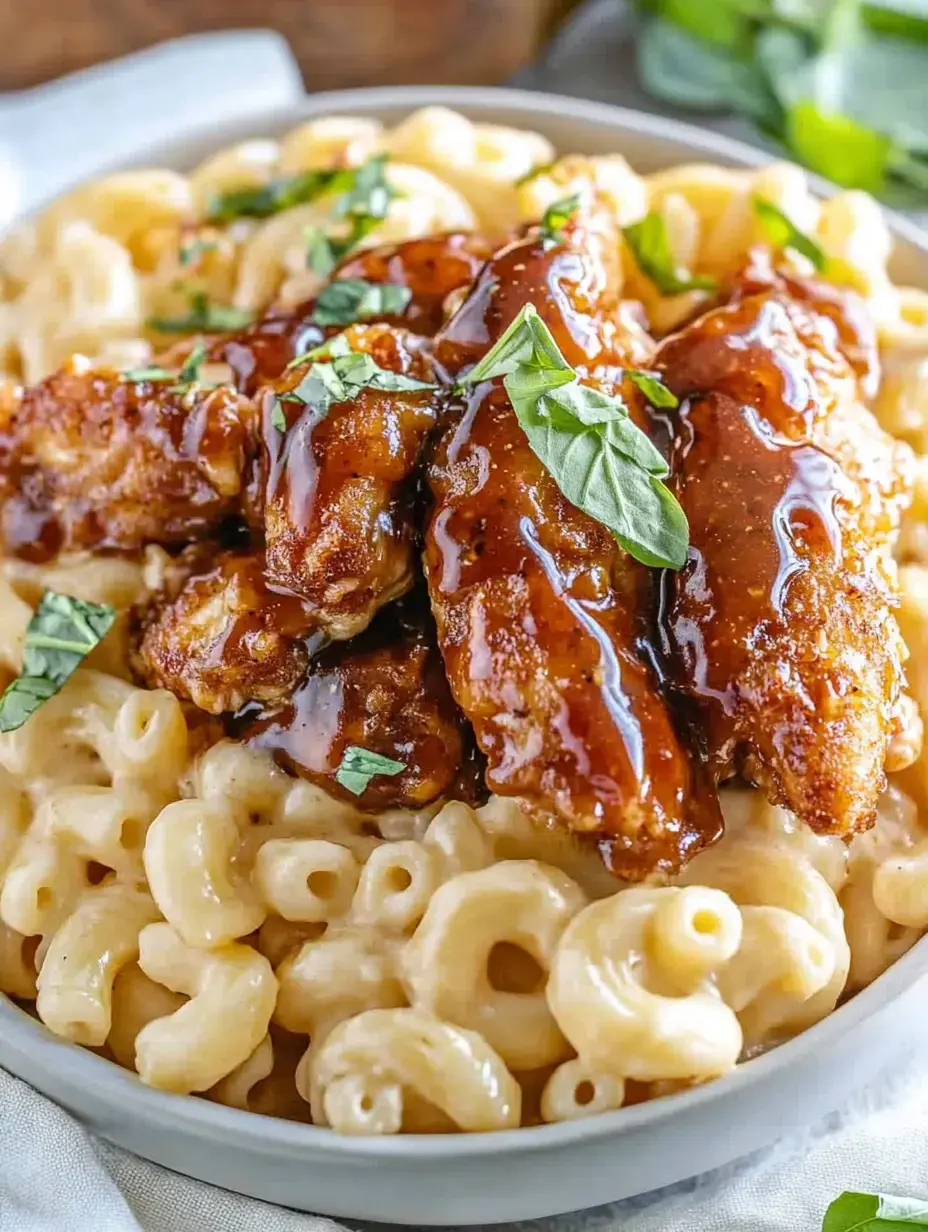 Un bol de macaroni au fromage crémeux garni de morceaux de poulet frits dorés, nappés d'une sauce sucrée et décorés de basilic frais.