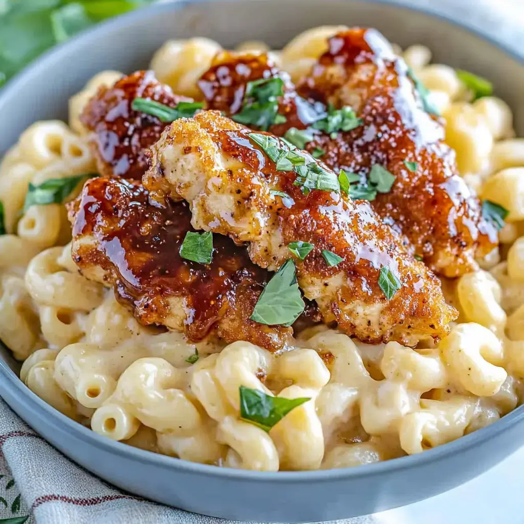 Un bol de macaroni au fromage crémeux garni de poulet frit croustillant nappé de sauce et décoré de persil haché.