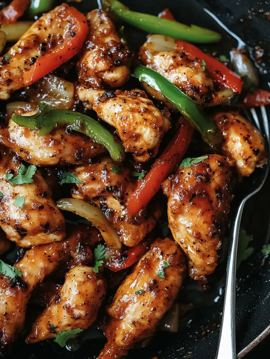 Un plat coloré de morceaux de poulet cuits mélangés avec des poivrons rouges et verts garnis d'herbes dans un bol foncé.