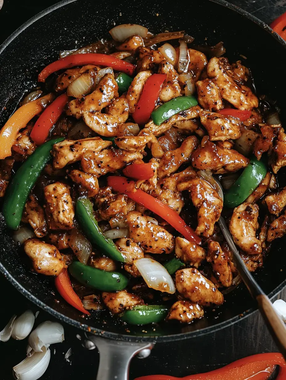 Une poêle remplie de poulet sauté, poivrons colorés et oignons enrobés d'une sauce brillante.