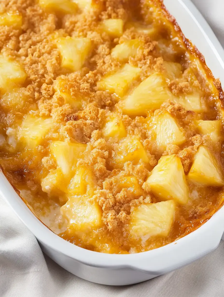 Un plat doré avec des morceaux d’ananas et une croûte croustillante bien dorée.
