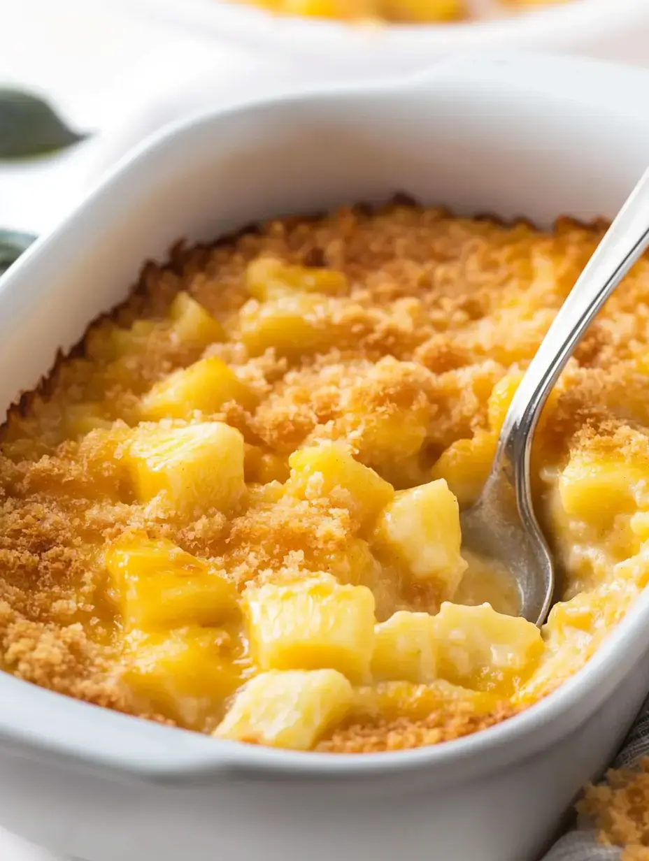 Plat de service avec ananas gratinés, croûte dorée et cuillère dedans, ambiance simple et chaleureuse.