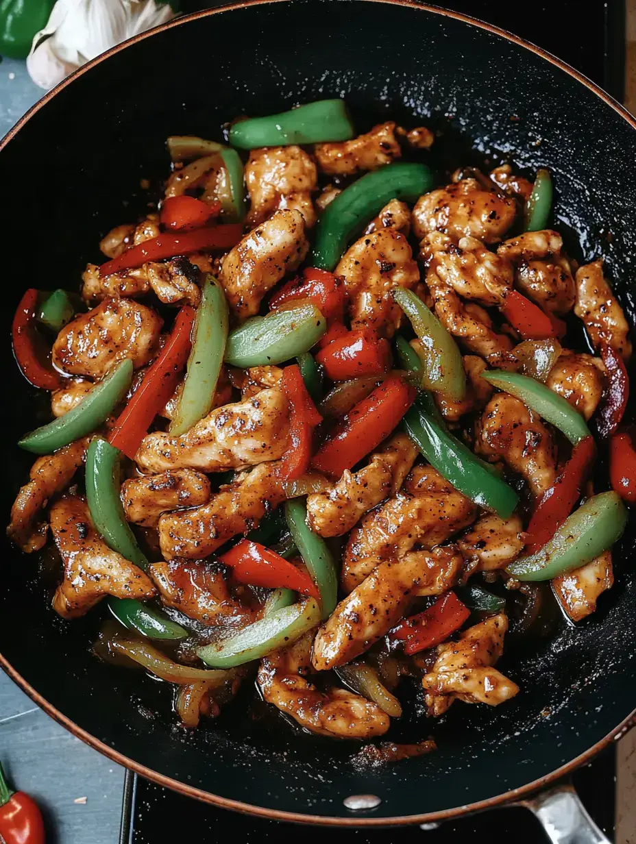 Un plat sauté avec du poulet tranché et des poivrons colorés dans une sauce foncée, servi dans une poêle noire.