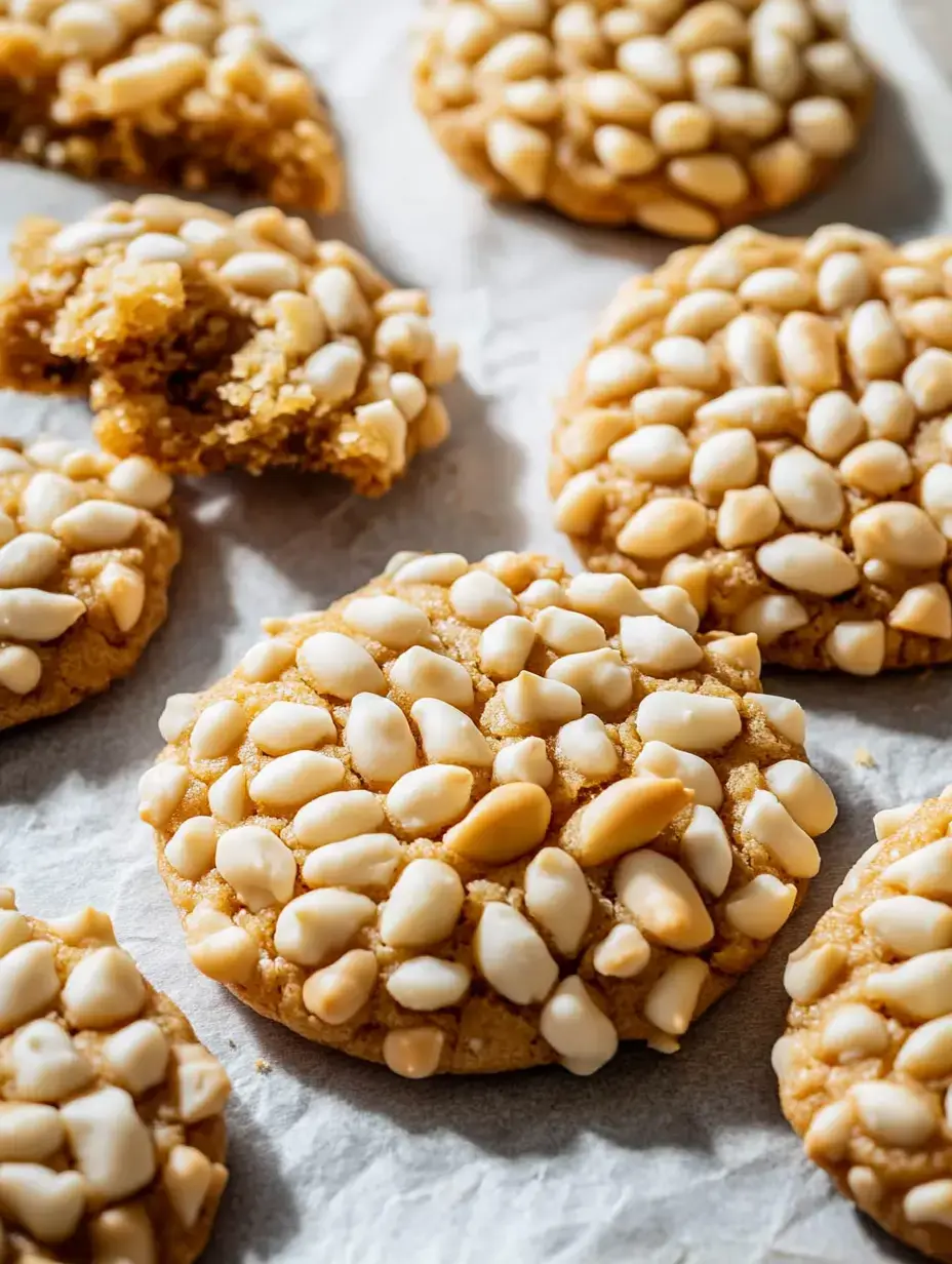 Zoom sur des biscuits dorés garnis de pignons de pin, posés sur du papier cuisson, dont l’un est croqué.