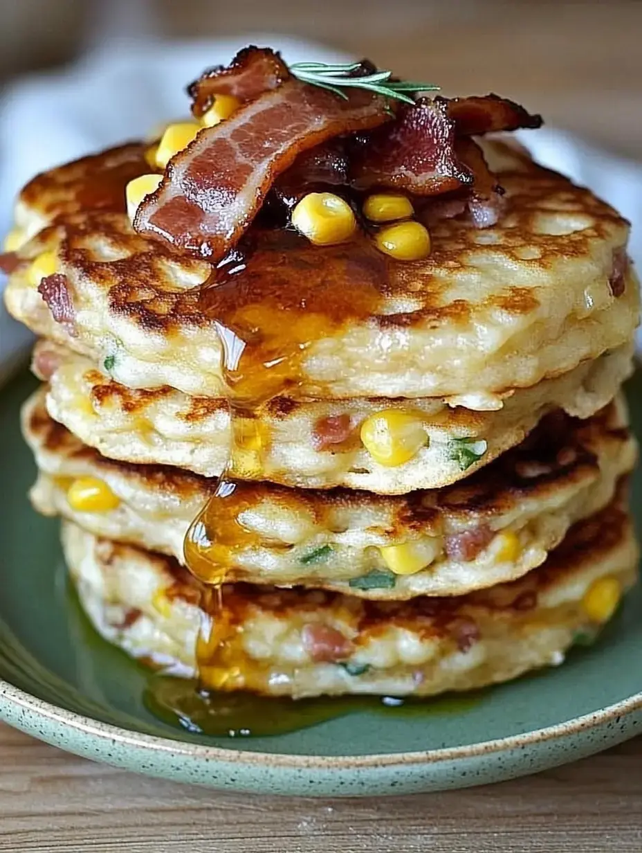 Une pile de galettes salées garnies de bacon, maïs et nappées de sirop, servies sur une assiette verte.