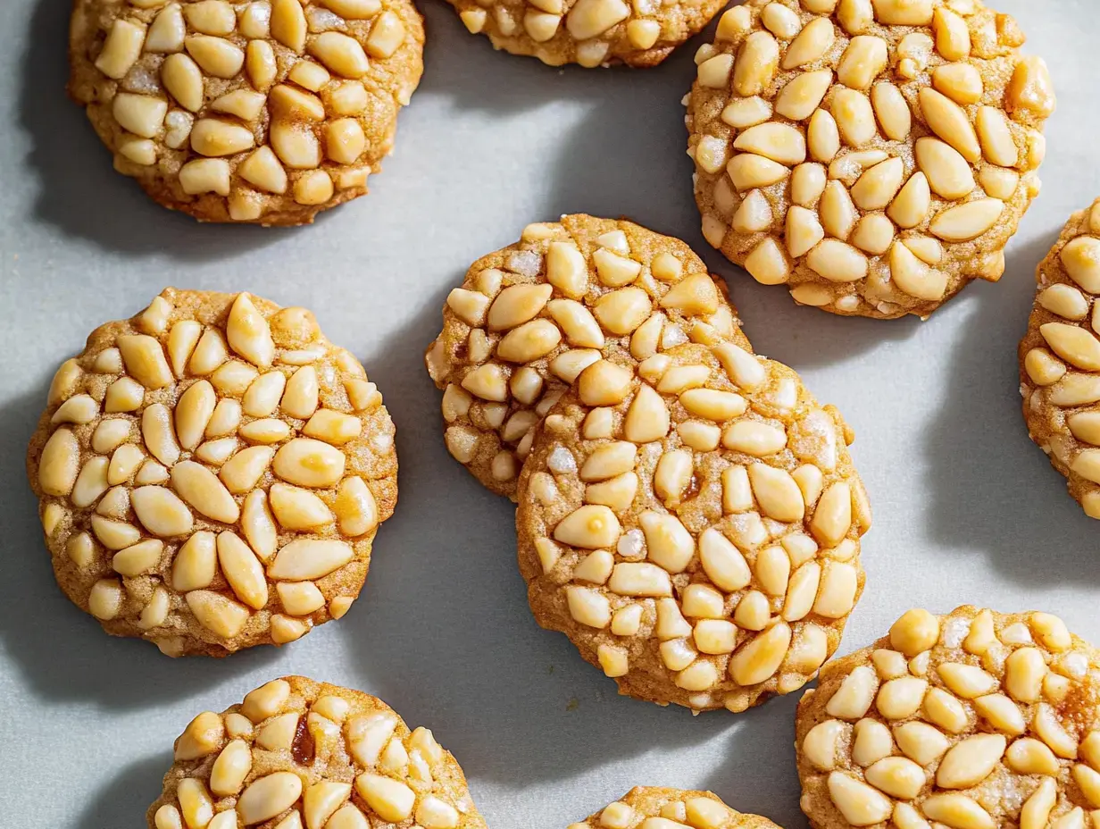 Vue rapprochée de biscuits ronds coiffés de pignons, posés sur une surface claire.