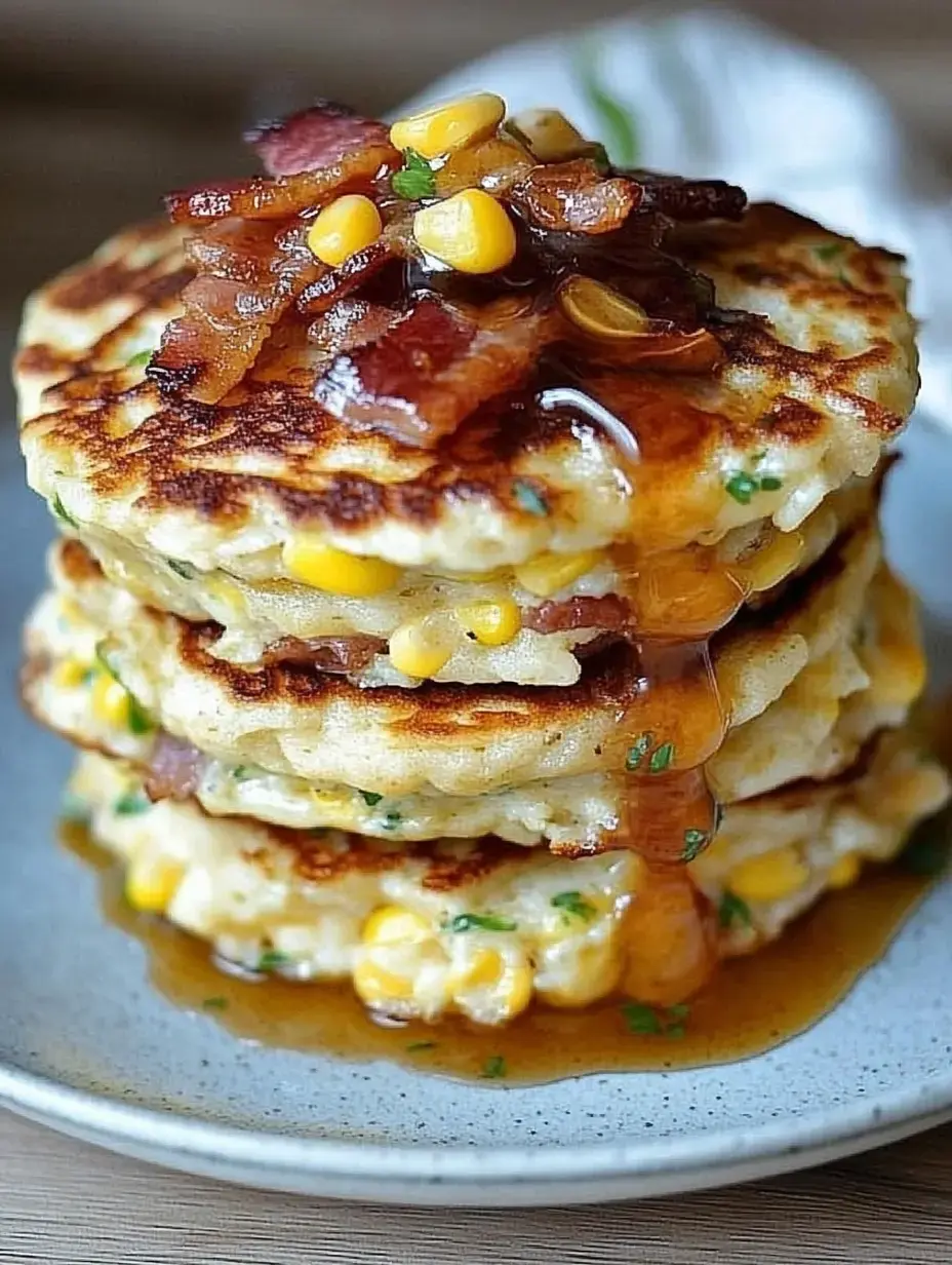 Une pile de galettes de maïs surmontées de bacon croustillant, grains de maïs et un filet de sirop sur une assiette.
